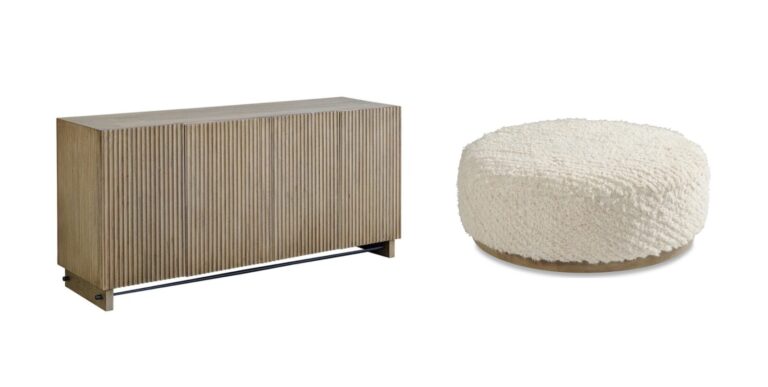 Textured Wood Console and Upholstered Ottoman